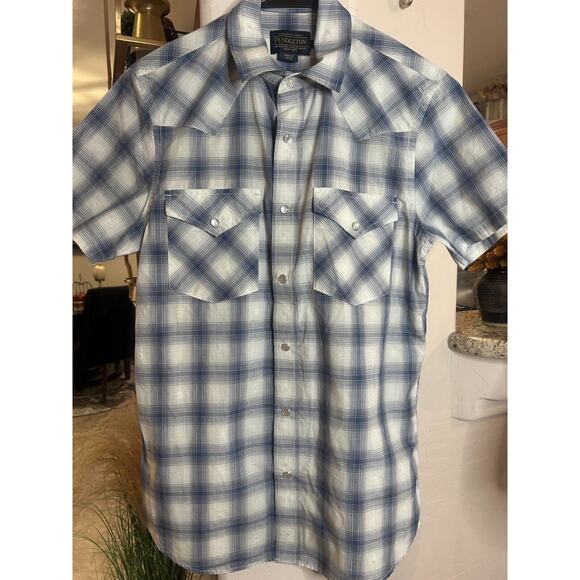 Pendleton Men's Frontier Western Blue Plaid Pearl Snap Button Shirt Small - Picture 1 of 6